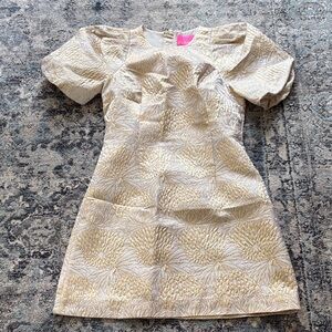 Lilly Pulitzer Cream and Gold Textured Puff-Sleeve Dress